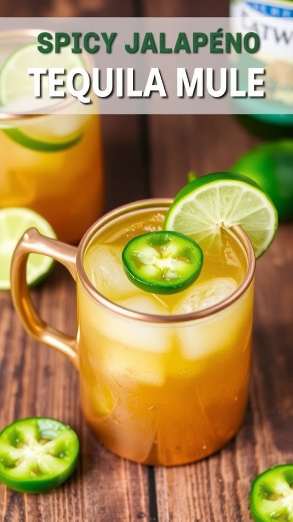 A copper mug filled with Spicy Jalapeño Tequila Mule cocktail, garnished with lime and jalapeño on a wooden table.